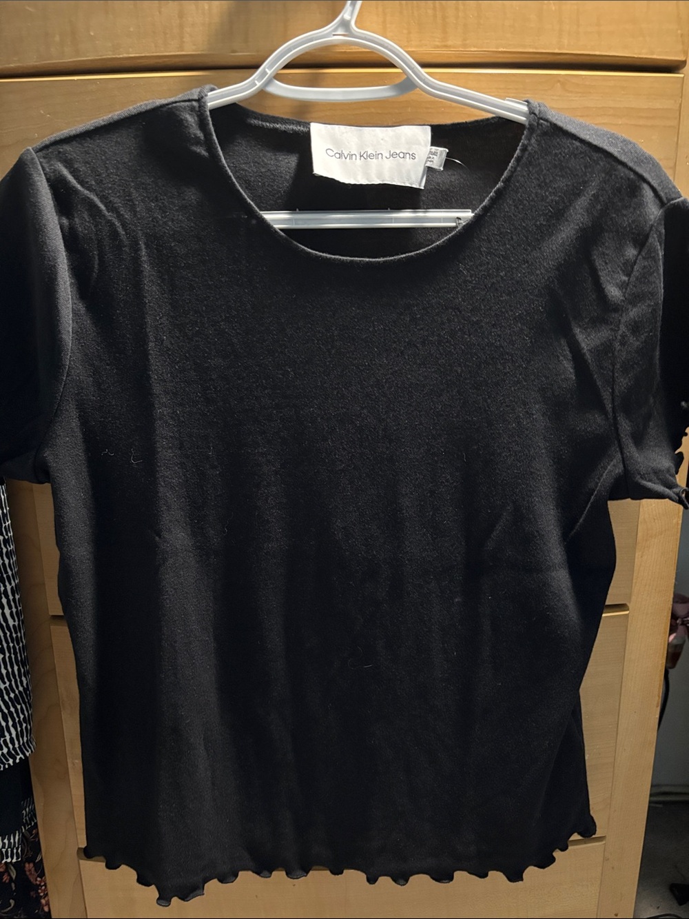 Calvin Klein Jeans Black Short Sleeve Crew Top with Lettuce Hem